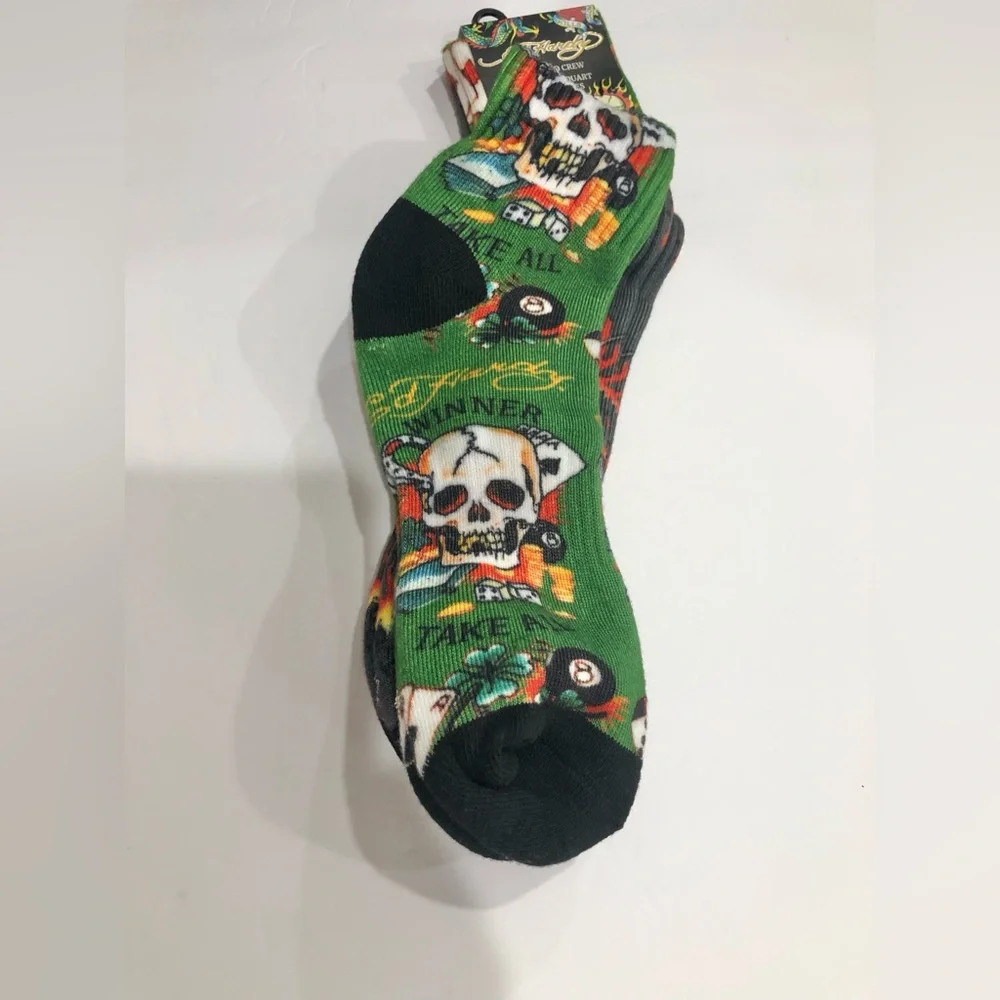Ed Hardy green‎ and gray multi iconic Ed Hardy printed l crew socks - 2pairs new